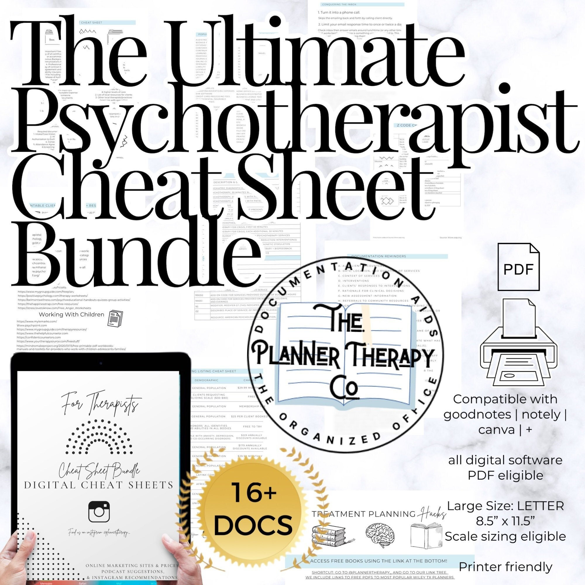 THERAPIST Planner insert cheat sheets for documentation and clinical work