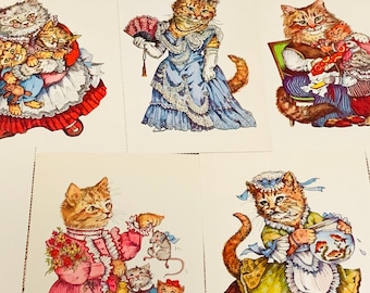Set of 3 Vintage cat postcards, vintage cat postcards, victorian cat illustration reprint postcards, 1987 cat postcards, cat dress up cards