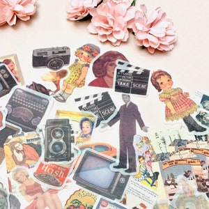 20 Pcs retro themed stickers and ephemera assortment, lot of 20 unique retro style stickers and scrap pieces for journaling, junk journaling