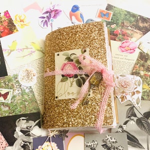 Gold glittery junk journal, chunky luxurious journal gift, floral junk journal, junk journal with ephemera, botanical junk journal, album