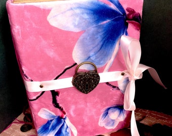 Floral Velvet Junk Journal, Large Magnolia flower journal, handmade heirloom journal, Botanical journal gift, OOAK Floral journal