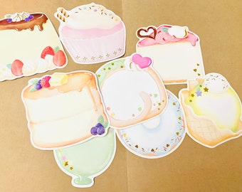 Kawaii Dessert Message Cards, cute Pastel Cafe Stationery, Set of 8 notecards, gift tags