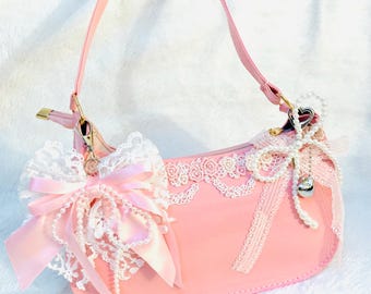Rosa coquette Schultertasche, süße rosa glänzende Tasche für Datum Nacht, schäbige schicke Geldbörse, veränderte Geldbörse, kawaii dolly Geldbörse, Kirche Geldbeutel, girly