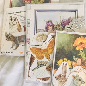 Op de afbeelding: Een verzameling vintage papieren ephemera met illustraties van een grijze eekhoorn, een loggerhead-moerasschildpad, een uil, een vlinder, een fee, een konijn, een muis en een bloem. De papieren ephemera is perfect voor scrapbooking, kaartmaken en andere knutselprojecten.