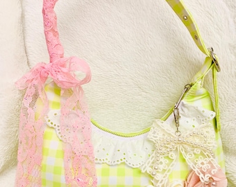 Pastellgrüne und rosa Umhängetasche, Macaron-Plaid-grüne Geldbörse, Urlaubsumhängetasche, veränderte Geldbörse, Gartenblumenromanzebeutel