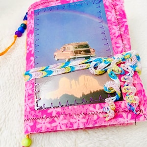Flying retro car junk journal, daydream journal, fabric junk journal, Upcycled journal, handmade journal, retro journal, rainbow journal