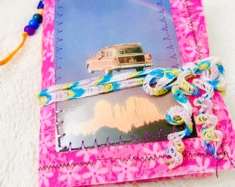 Grungy in pink Retro Car Junk Journal, Handmade Upcycled Journal, recycled journal, floral journal, quirky OOAK journal, travelers notebook