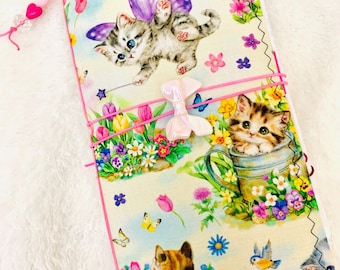 Sweet kitty fairy garden junk journal insert, handmade travelers notebook insert, kawaii junk journal, faith journal, prayer journal, bujo