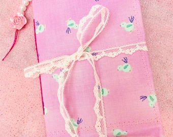 Cute lavender journal with pastel baby birds, kawaii bird journal, sweet chirping bird journal, handmade uocycled OOAK journal, junk journal