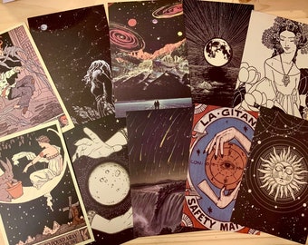 Random 2 night themed postcards, mystic postcards, black postcards, space postcards, magical postcards, curio postcards, junk journal supply