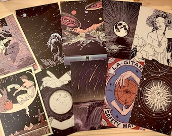 Random 2 night themed postcards, mystic postcards, black postcards, space postcards, magical postcards, curio postcards, junk journal supply