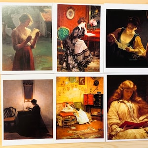 May include: Set of six art prints featuring classic paintings of women reading letters or books. The paintings depict women in various settings, with a focus on soft lighting and detailed clothing. The color palette includes warm tones and muted backgrounds.
