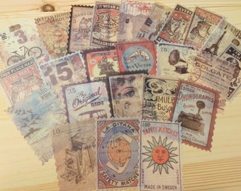 May include: Vintage style decorative paper ephemera with images of cats, bicycles, gramophones, and a sun with a face. The paper ephemera is printed on a textured paper with a distressed look. The ephemera is printed with text such as "Better Home Garden", "Grand Cafe", "RCA Victor", "Colgate", "Edison Phonographs", "La Gitana", "Safety Matches", and "Made in Sweden".