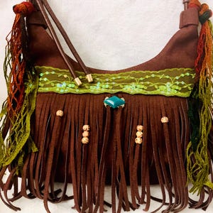 Earthy bohemian shoulder purse, chocolate brown boho purse, fringe purse, tassel purse, fringe shoulder bag, green and brown bag, OOAK purse