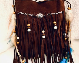 Chocolate brown fringe fabric bag, ethnic tassel bag,  hobo brown purse, vegan suede fabric bag, small fall boho purse, fall outfit