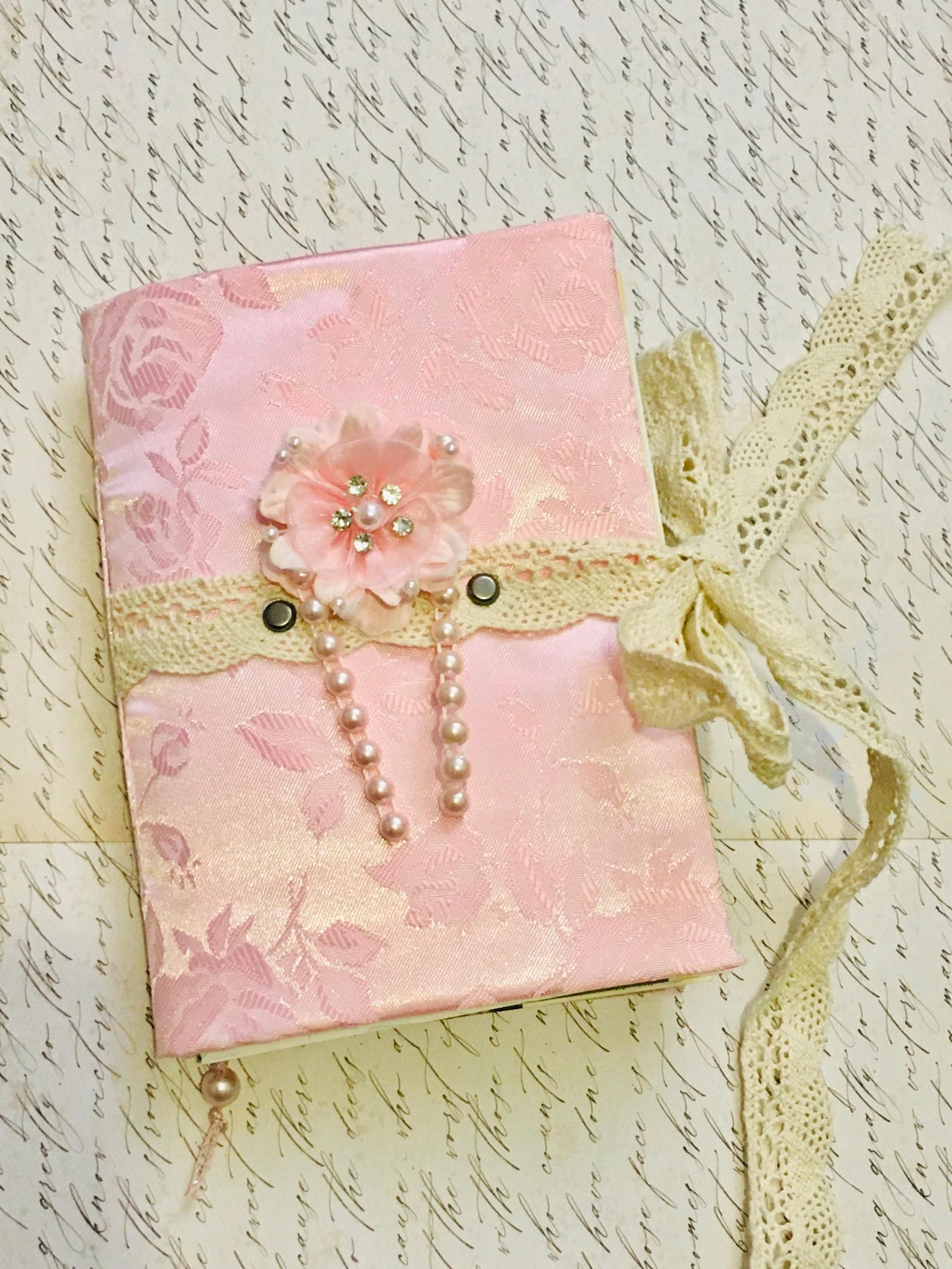 Rose Ribbon Journal Pink Floral Rose Junk Journal, Rose Fabric Journal, Pastel Pink Fabric ...