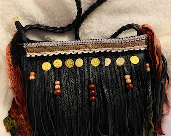 Black vegan leather fringe crossbody bag, boho purse, black tassel bag, black fringe bag, bohemian style purse