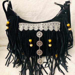 Bohemian Black Fringe Bag, Vegan suede fringe bag, boho shoulder bag, cowgirl lace fringe purse, southwestern purse, boho style bag, OOAK