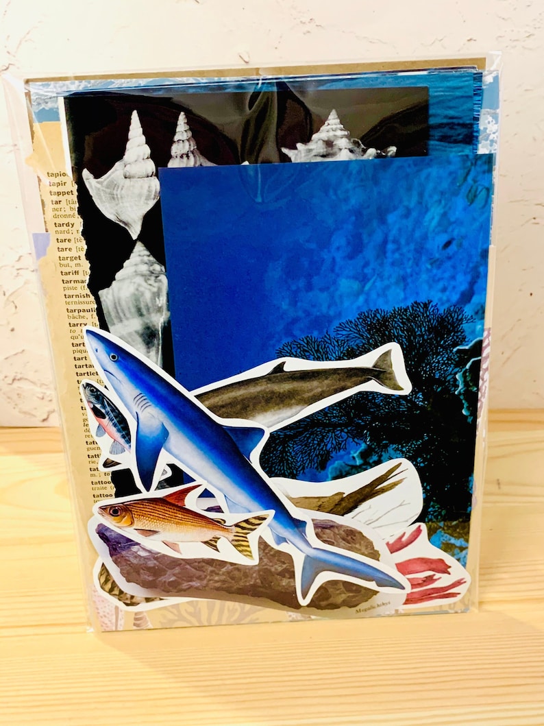 May include: A collage of ocean-themed images, including a blue shark, two fish, and coral. The collage is set against a blue background with a seashell in the top left corner.