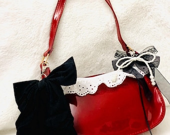 Borsa rossa in stile Y2K, borsa a tracolla rossa, borsa Coquette, borsa Coquette con fiocco, borsa in pelle PU lucida alterata, borsa eclettica carina, moda Y2K