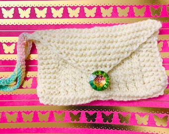 Ivory with pastel Knit Clutch, Handmade Journal Bag with Gemstone Button, knit bag, holiday bag gift, handmade wallet clutch, secret santa