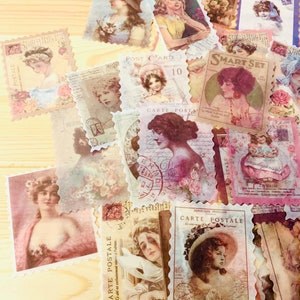 A lot of 15 vintage women stickers, feminine stamp stickers, beautiful antique women stickers, gorgeous sticker stamps, female portrait arts