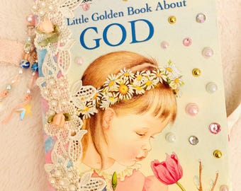 Kleines goldenes Buch über Gott, handgefertigtes Glaubenstagebuch, Gebetstagebuch, christliches Familienalbum, Vintage-Upcycling-Tagebuch von 1984, Unikat
