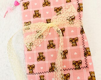 Kawaii teddy bear pink junk journal, handmade junk journal from upcycled materials, unique OOAK journal, pink junk journal with tea dyed pgs