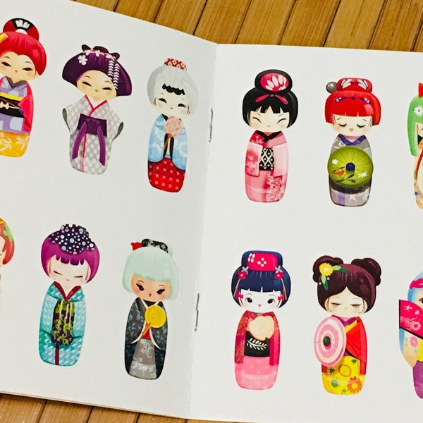 Kokeshi doll Sticker sheets, small kokeshi doll Sticker Book, japanese stickers, kawaii stickers, cute kokeshi doll stickers, cute stickers