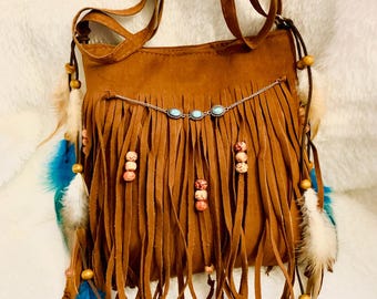 Dark caramel brown fabric tassel bag, small fall fringe purse, vegan suede cloth fabric bag,  brown fall bag, southwestern purse, fall wear