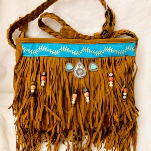 Vegan suede Bohemian purse, southwestern bag,  boho purse, fringe bag, tasse bag, caramel brown purse, hippie purse, retro bag, ethnic