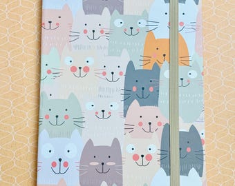 Diario de tapa dura con cabeza de gato kawaii, cuaderno con líneas color crema, diario/diario de gato