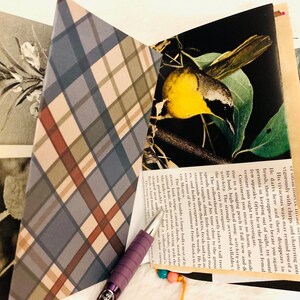 Peut inclure: Un album de scrapbooking fait main avec des pages au motif &eacute;cossais bleu, marron et blanc, une illustration botanique en noir et blanc, et une photo couleur d'un oiseau jaune sur une branche. Un stylo violet repose sur les pages ouvertes.