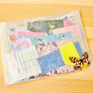 Peut inclure: Un sac en plastique transparent rempli de morceaux de papier color&eacute;s, dont une feuille &agrave; motifs avec le texte "Check No. 6", un post-it jaune et un autocollant de papillon.