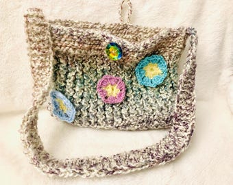 Handmade Knit Floral Shoulder Bag, Bohemian Wool Purse, Handmade OOAK floral knitted bag, womens purse, holiday purse gift, handmade OOAK