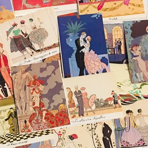 2 Retro roaring twenties postcards, set of 2 vintage postcards, George Barbier vintage postcards, junk journal supplies, vintage postcards