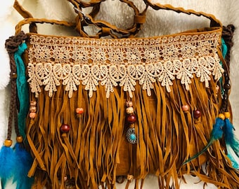 Autumn fringe shoulder bag, Fall boho shoulder bag, faux suede fabric cloth purse, southwestern boho purse, bohemian eclectic purse w/ lace