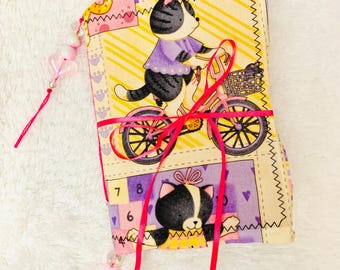 Sweet kitty and mouse friend biking junk journal, OOAK handmade journal, kawaii kitten journal, cat lover journal, cat holiday gift, diary