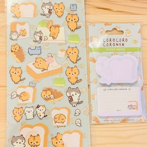 Corocoro Coronya stationery, kawaii sticker bundle, kawaii stationery bundle, cat sticker sheet, cat and bread stickers, cat sticky notes