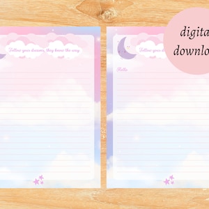 Conjunto de cartas Siga seus sonhos, papelaria para impressão, conjunto de cartas para download, papel para correspondência, conjunto de papelaria para lua e nuvens, cartas