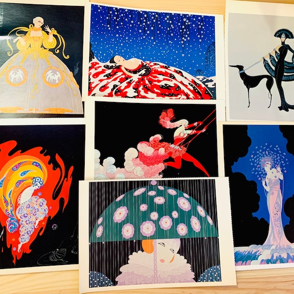 Fashion Postcards set of 3, Erte postcards, Vintage style postcards, Art Deco Antique postcards, junk journal supplies, postcrossing cards