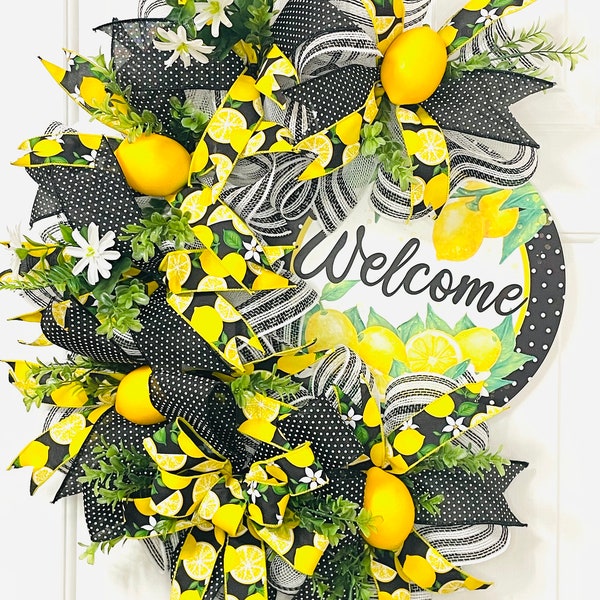 Lemon Welcome Wreath, Welcome Wreath, Lemon Wreath for front door, Faux lemon wreath, Lemon decor, Lemon front door wreath, everyday wreath