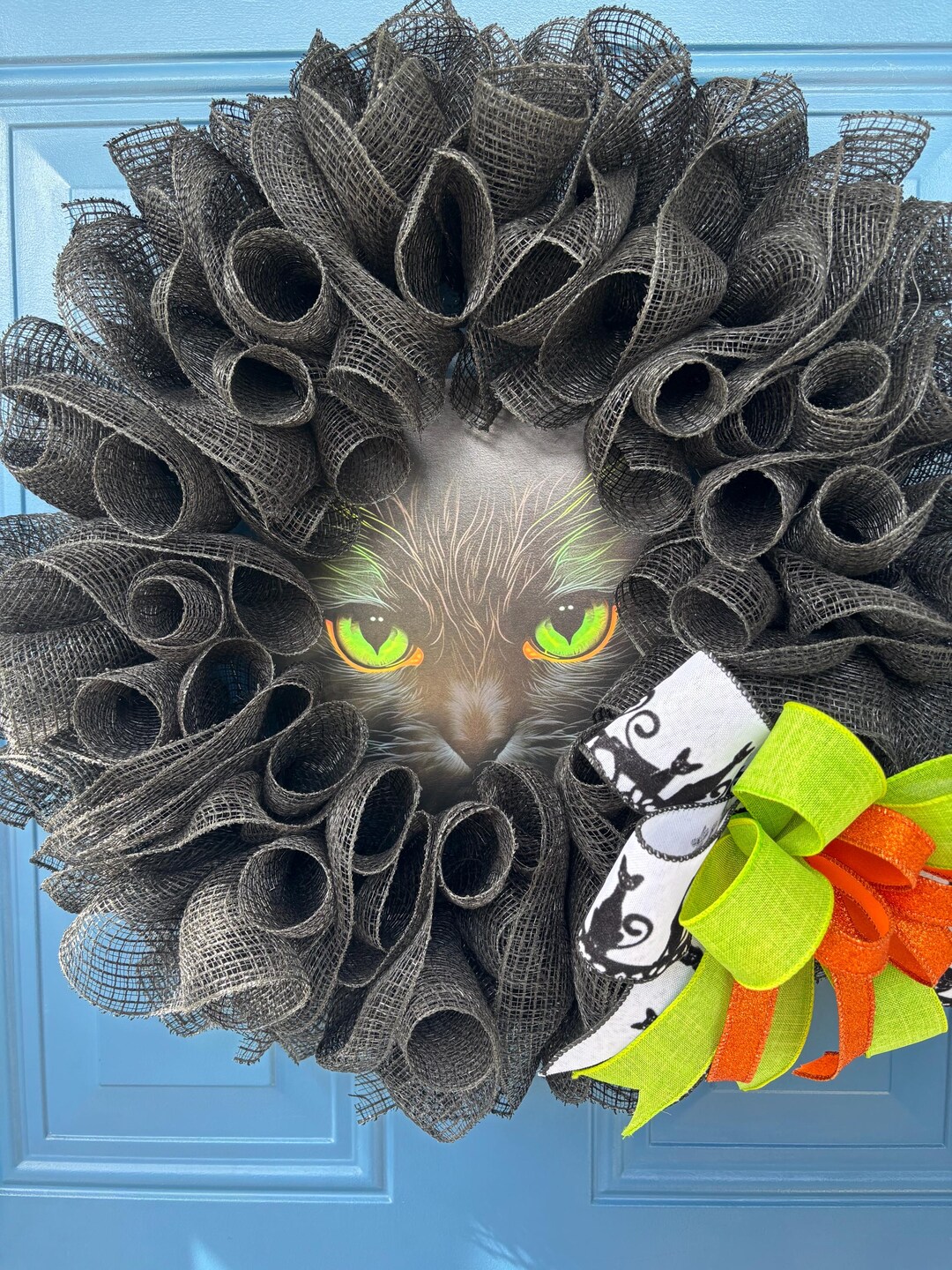 Black Cat Halloween Wreath Spooky Kitty Front Door Decor Etsy