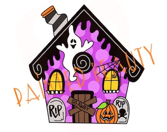 Op de afbeelding: Illustratie van een Halloween-huis. Het huis heeft een paarse, gestippelde gevel en een zwart dak met druipende randen. Een witte geest, een spinnenweb en een pompoen zijn ook aanwezig. De deur heeft de tekst "GO AWAY".