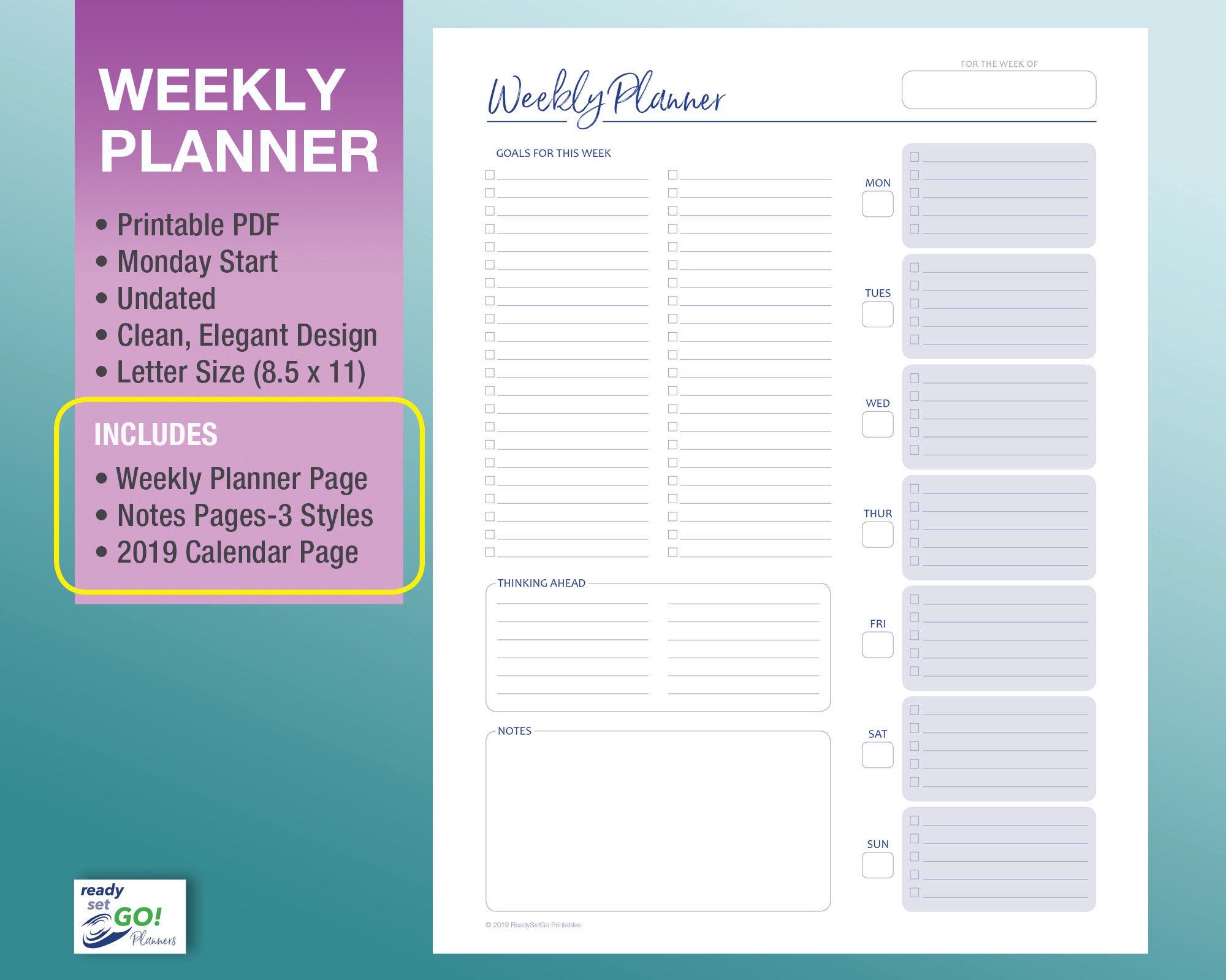 Printable weekly planner with notes pages undated monday etsy