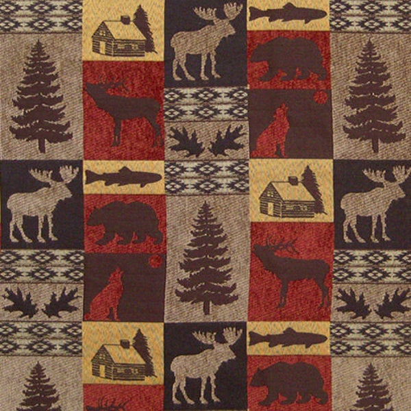 Upholstery Fabric FAIRBANKS RED LODGE Cabin Rustic Fish Bear Moose Trees