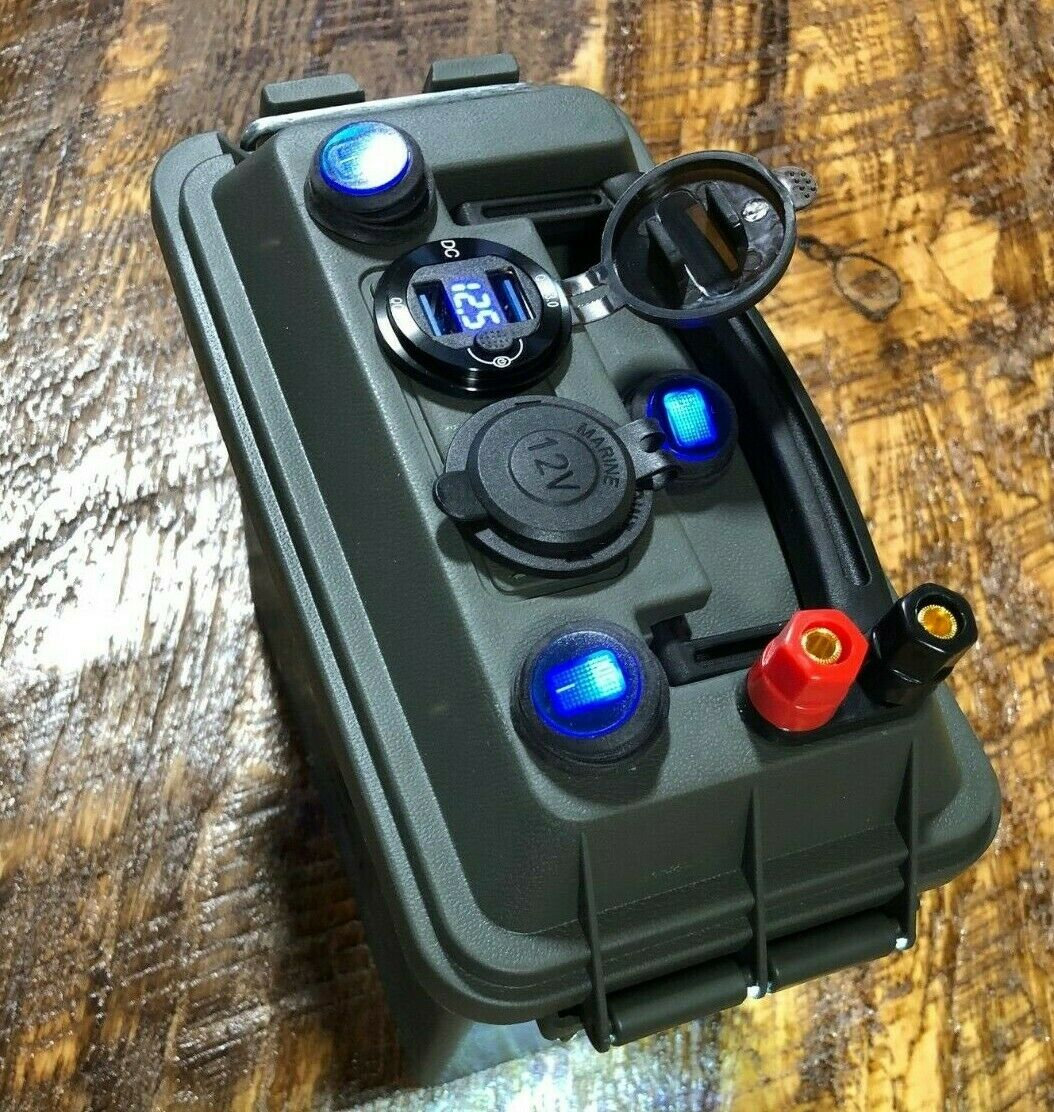 12V Power Box Battery Case 12v Outlet All Weather Compact USB Hiking  Camping Boating Ice Fishing 