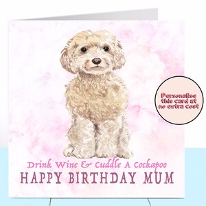 Carte d'anniversaire de chien Cockapoo, amateur de vin, amateur de chocolat, amateur de café, amateur de gâteaux, épouse, maman, petite amie, soeur, ami, maman, amoureux des chiens