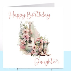 Carte d'anniversaire cow-girl, poney, cheval, cavalier, bottes de cow-boy, guitare, carte fille, carte maman, carte tante, carte ami, équin, petite amie, femme