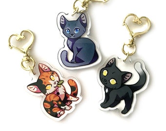 Warrior Cats Keyring Charm - Clear Double Sided Acrylic Keyring Charms with Epoxy coating and Golden Heart Keyring